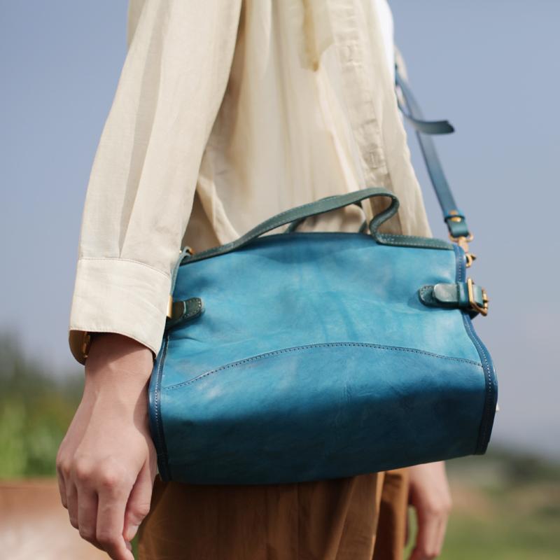 Handmade WOmens Leather Blue WOrk Handbags Brown Work Shoulder Bag Purses