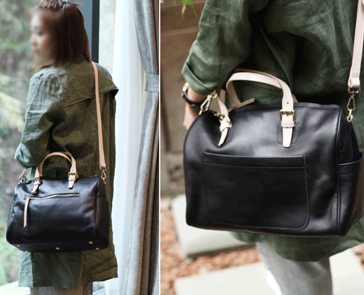 Fashion Black Leather Women's Boston Handbags Brown Leather Shoulder Handbags