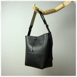 Large Capacity Style Black Leather Bucket Handbag Womens