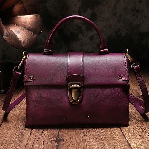 Vintage Womens Purple Leather Satchel Handbags Purse Shoulder Crossbody Bags for Ladies