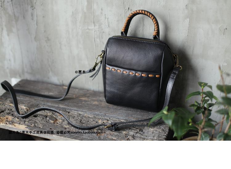 Fashion Small Black Leather Bucket Bag Womens