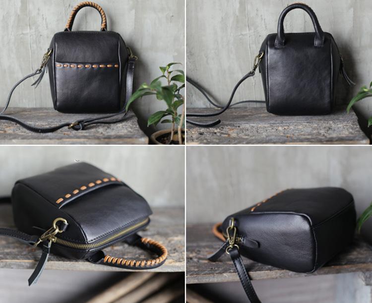 Fashion Small Womens Black Leather Bucket Shoulder Bag With Zipper Handbag CrossBody Bucket Bag
