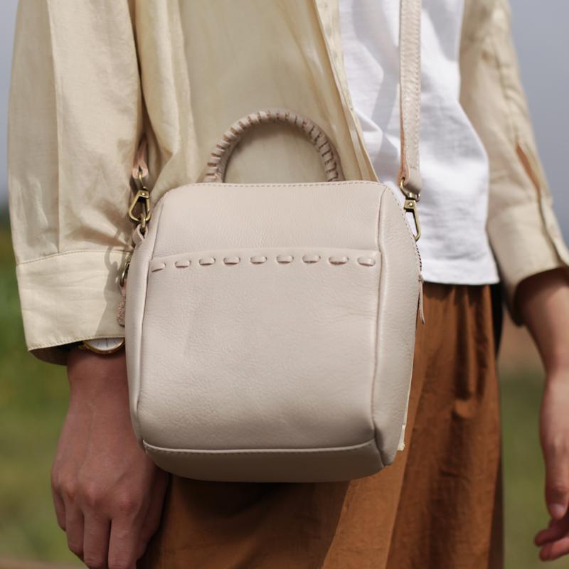 White Leather Bucket Handbag Stylish Womens