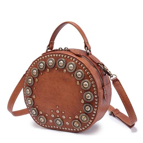 Metal Embroidered Leather Round Crossbody Bag