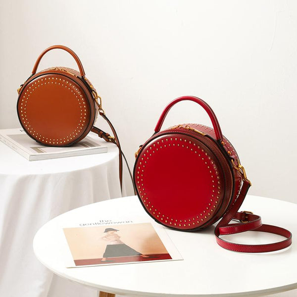 Rivet Round handbag Leather hand made Purse