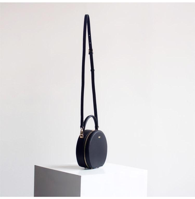 Compact Black Leather Round Shoulder Bag