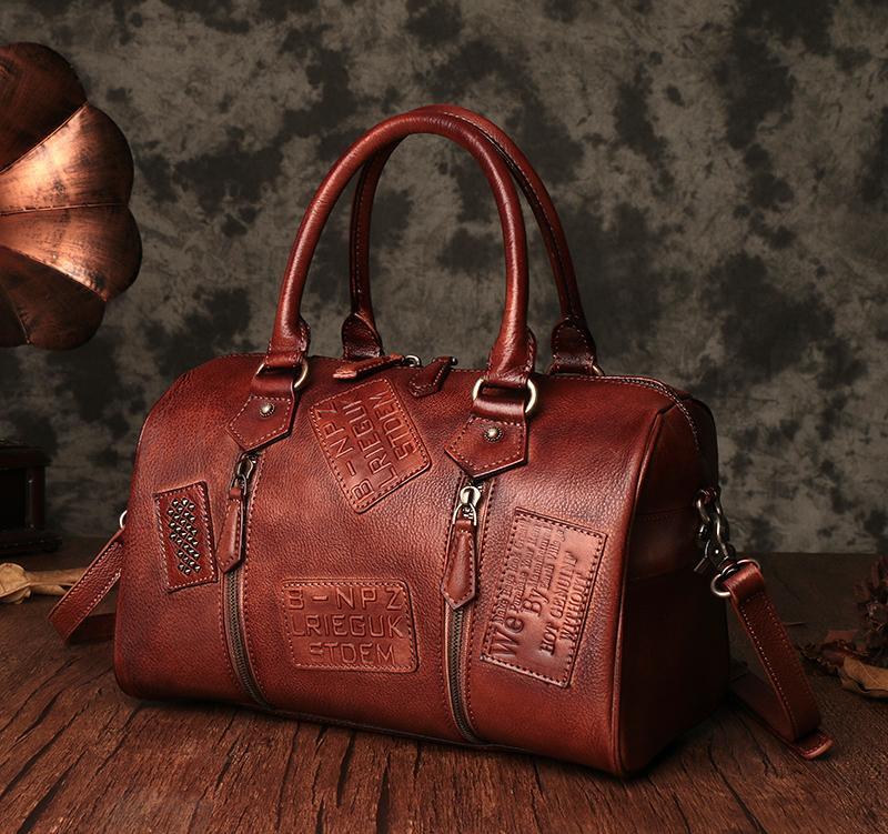 Vintage Womens Brown Leather Boston Handbags Brown Boston Shoulder Handbag Crossbody Bags