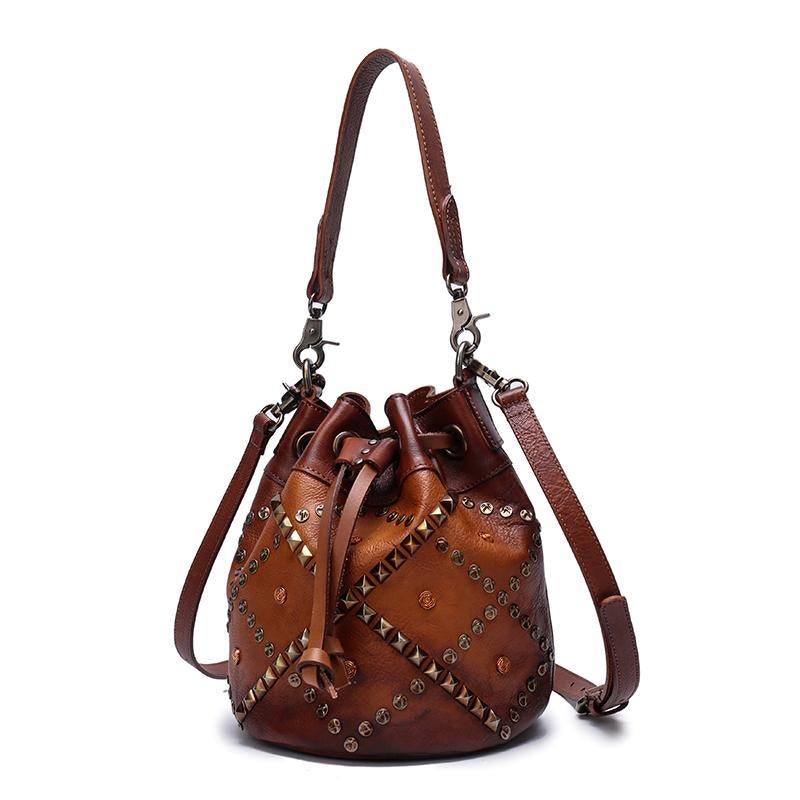 Tan Leather Womens Bucket Handbag Shoulder Bag Studded Western Brown Leather Shoulder Barrel Bag Purse