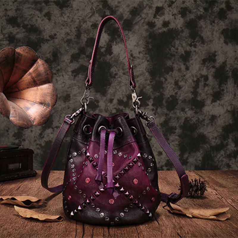 Purple Leather Metal embellished Bucket Handbag