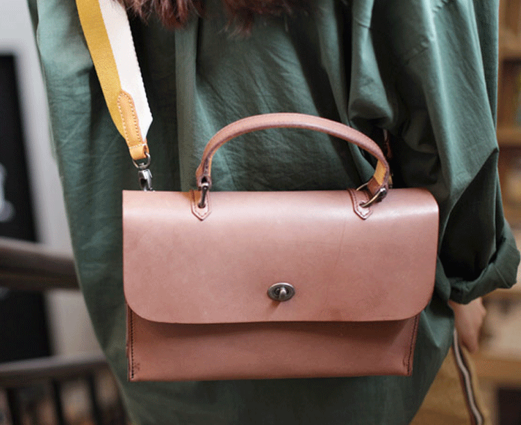 Womens Vintage Black Leather Work Handbag Pink Satchel Shoulder Bag Simple Crossbody Bag
