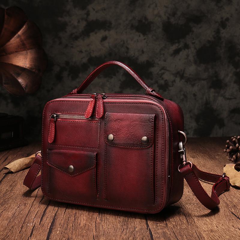 Vintage Womens Red Leather Satchel Shoulder Bag School Handbag Shoulder Purse for Girls