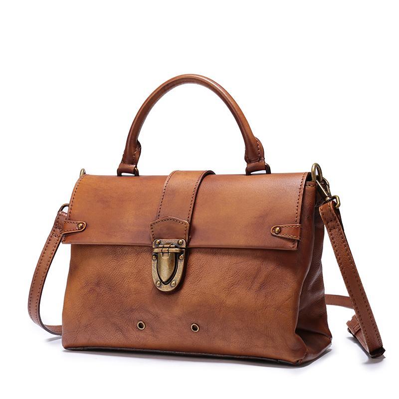 Vintage Womens Brown Leather Satchel Handbags Purse Shoulder Crossbody Bags for Ladies