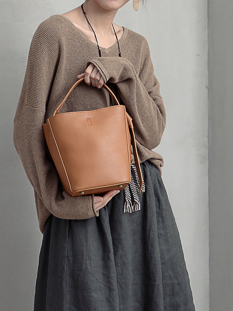 Stylish Leather Brown Gray Bucket Handbag Shoulder Bag Barrel Purse For Women