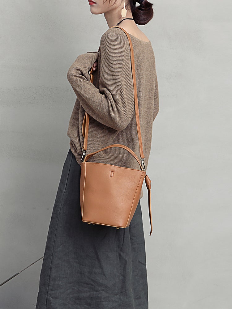 Brown Leather Shoulder Bucket Bag Minimalist Style