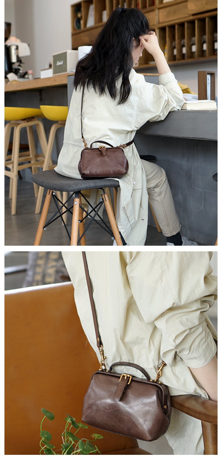 Vintage Womens Coffee Leather Doctor Handbag Side Purses Doctor Purses for Women