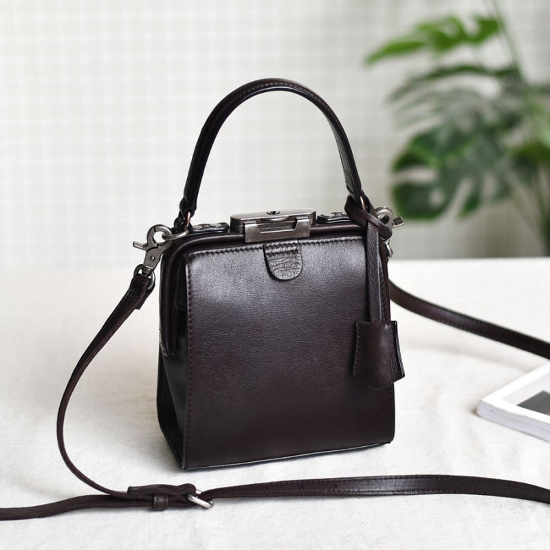 Womens Brown Leather Doctor Handbag Purses Square Doctor Crossbody Purse for Women