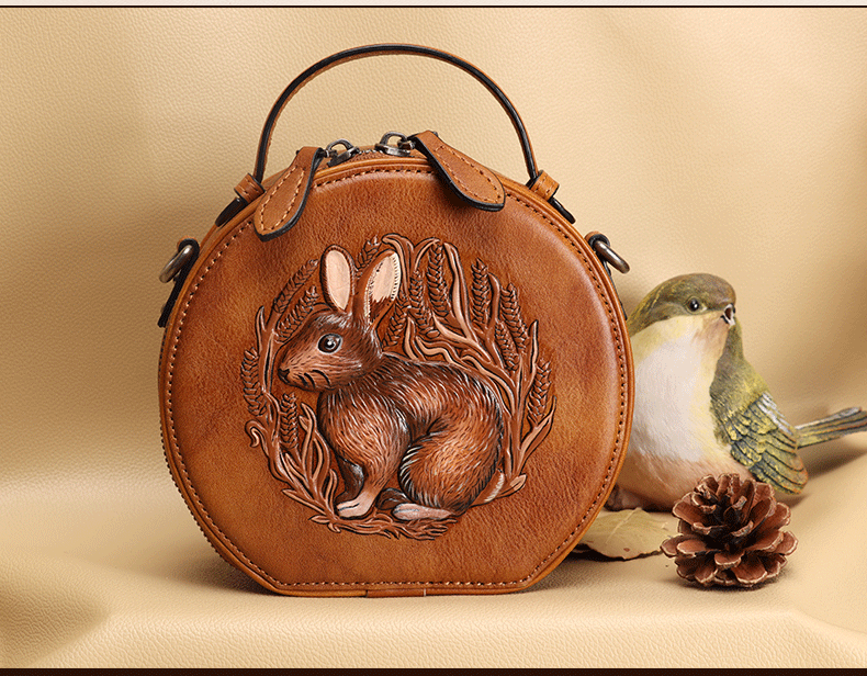 Cutest Womens Red Leather Round Handbag Bunny Crossbody Purse Vintage Round Shoulder Bags for Women