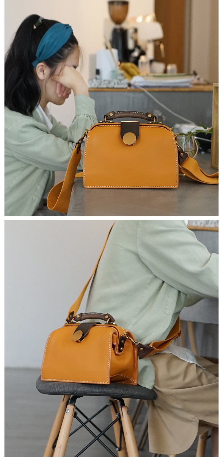 Vintage Womens Yellow Leather Doctor Handbags Shoulder Purses Doctor Purse for Women