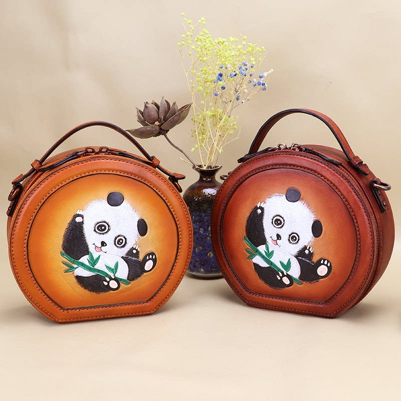 Cutest Women Brown Leather Round Handbag Panda Crossbody Purse Vintage Round Shoulder Bags for Women