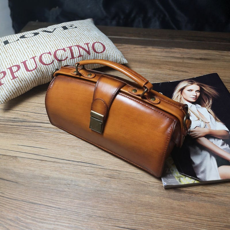 Vintage Womens Coffee Leather Doctor Handbag Purses Vintage Handmade Doctor Crossbody Purse for Women