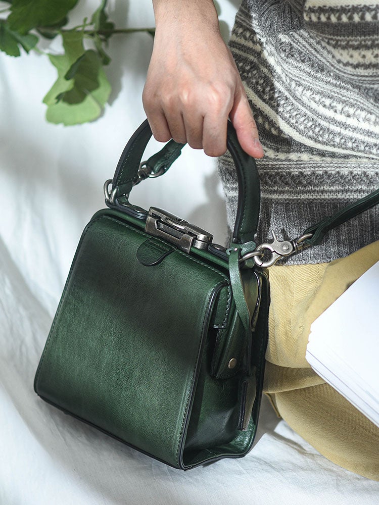 Womens Green Leather Doctor Handbag Purses Square Doctor Crossbody Purse for Women