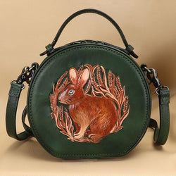 Cutest Womens Green Leather Round Handbag Bunny Crossbody Purse Vintage Round Shoulder Bags for Women