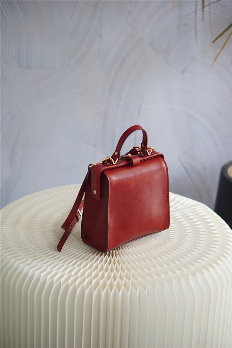 Handmade Womens Stylish Square Red Leather Doctor Handbag Side Purse Doctor Purse for Women
