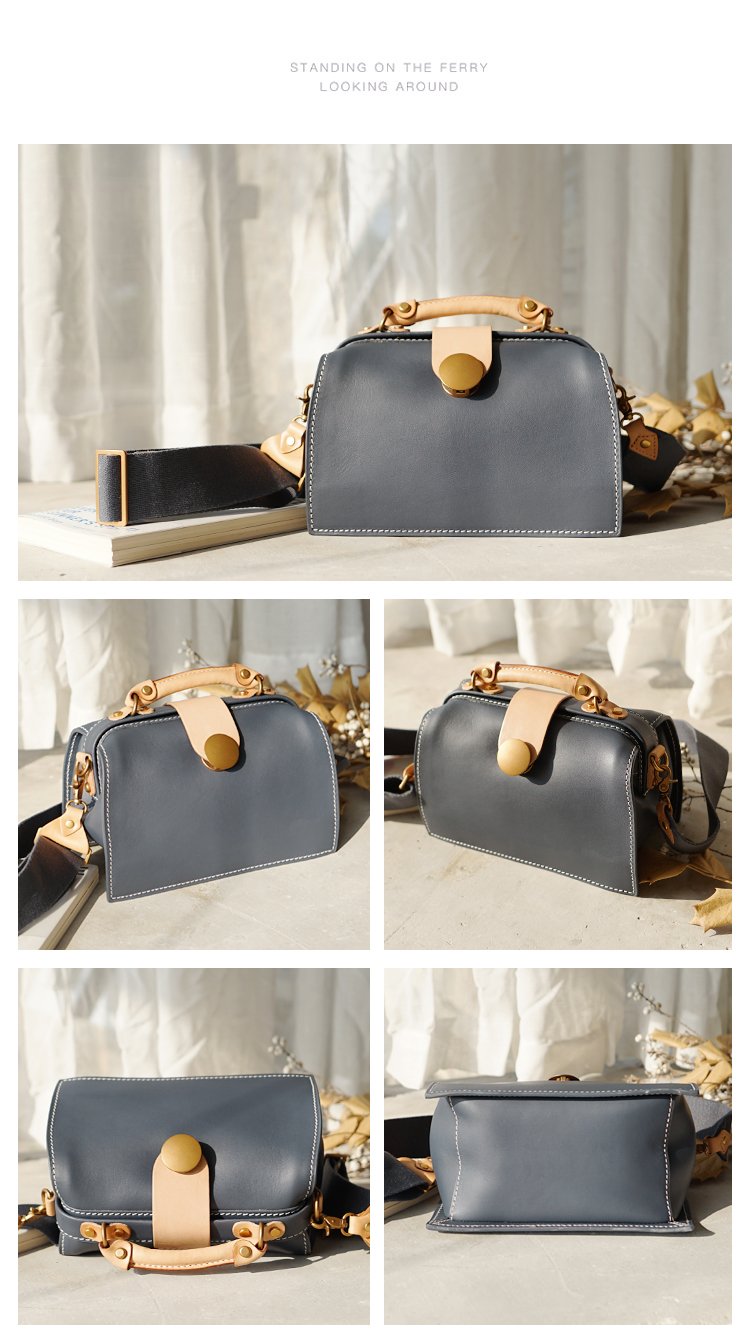 Vintage Womens Gray Leather Doctor Handbags Shoulder Purses Doctor Purse for Women