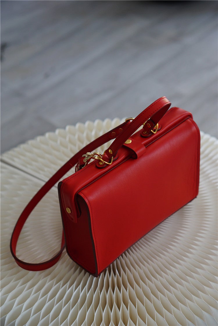 Handmade Womens Red Leather Doctor Handbag