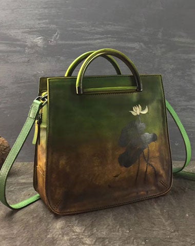 Leather Handbag Painting Art Green Vintage