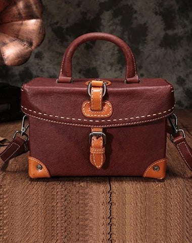 Vintage Women Red Brown Leather Doctor Purse Box Satchel Handbag Shoulder Crossbody Bags Purses
