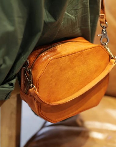 Handmade Womens Brown Leather Handbag Geometric Leather Square Shoulder Bag Crossbody Bag