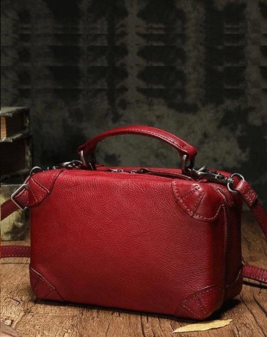 Red Womens Leather Satchel Handbag Cube Square Box Satchel Brown Handbag Purse for Ladies