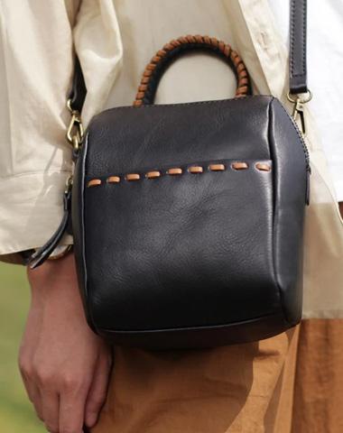 Fashion Small Black Leather Bucket Bag Womens