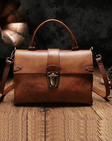 Vintage Womens Brown Leather Satchel Handbags Purse Shoulder Crossbody Bags for Ladies