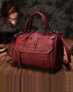 Red Vintage Leather Womens Boston Handbag Side Bag Brown Rivet Boston Shoulder Purse for Ladies