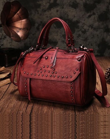 Red Vintage Leather Womens Boston Handbag Side Bag Brown Rivet Boston Shoulder Purse for Ladies