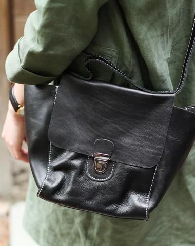 Vintage Black Leather Bucket Shoulder Bag Womens