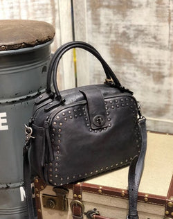 Vintage Womens Rivets Black Leather Handbags Shoulder Handbags Vintage Leather Purses for Ladies