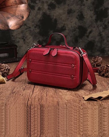 Vintage Small Womens Leather Red Handbag Cube Box Small Red Leather Shoulder Bag for Men