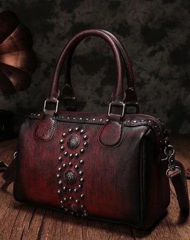 Vintage Red Ladies Leather Rivet Boston Handbag Purse Brown Shoulder Handbag for Women
