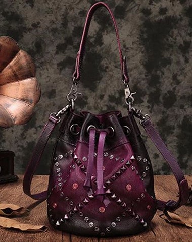 Purple Leather Metal embellished Bucket Handbag