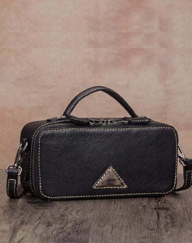 Black Leather Box Shoulder Bag Zip Closure Women's Small