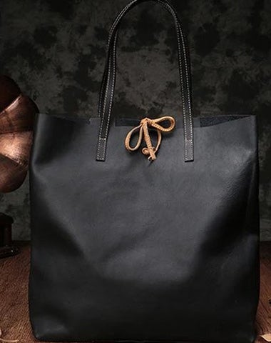 Vertical Black Leather Tote Bag 14" Womens Black Shopper Tote Handbag Purse for Ladies