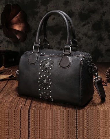 Black Vintage Ladies Leather Rivet Boston Handbag Purse Brown Shoulder Handbag for Women