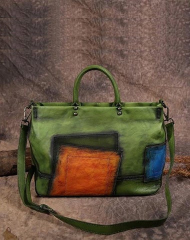 Vintage Color Green Block Women Leather Tote Handbags Shopping Bag Purse Handbags Shoulder Bags