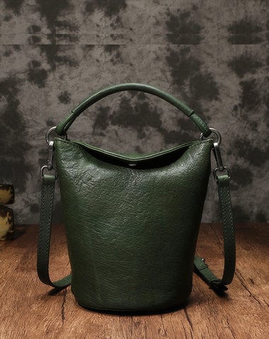 Green Leather Barrel Crossbody Bag Button Closure Girls
