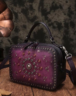 Vintage Purple Square Shoulder Bag Italian Leather Stud Trim Ladies