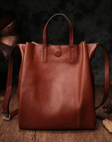 Vertical Brown Leather Tote Bag Womens Shoulder Shopper Tote Handbag Purse