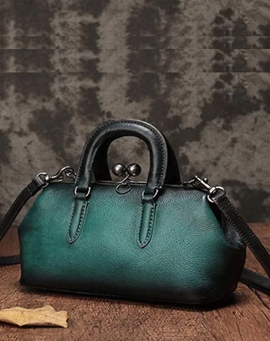 Green Vintage Ladies Leather Doctors Handbag Brown Doctor Style Shoulder Bag Purse for Women